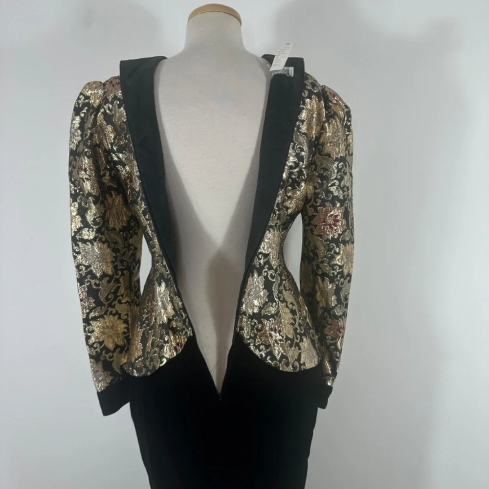 VTG JESSICA McCLINTOCK Velvet Brocade Party Dress Puff Black Gold Ball Gown 10